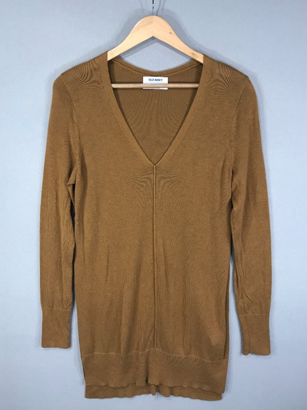 Old Navy Sweater Womens Medium Brown Tunic Pullover V-Neck Side Slit Long Sleeve
